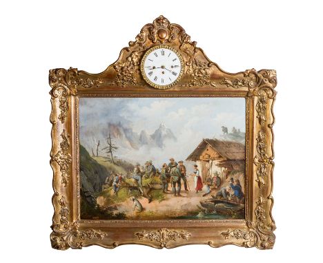 BILDERUHR "Jagdgruppe vor einer Berghütte" Mitte 19.Jh., Öl auf Eisenplatte, unsigniert, Emailzifferblatt, reich ornamentiert