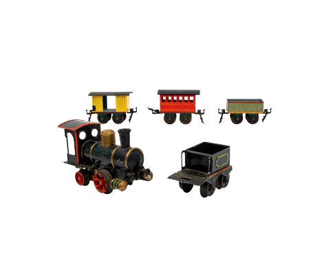 MÄRKLIN Uhrwerk-Dampflok mit Tender und 2 Güter- und 1 Personenwagen, Spur 0, wohl um 1900, lithografiertes Blech, grün-/schw