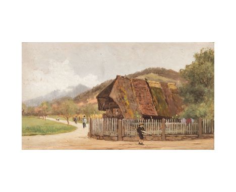 PFÄLZER MALER/IN 19./20. Jh., "Landschaft mit Haus an einer Weggabelung", auf dem Weg vereinzelte Personen, unsigniert, Öl/Ho