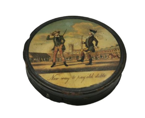 A Georgian papier mache snuff box, lacquered, hand painted and inscribed. Dia. 9.5.cm.