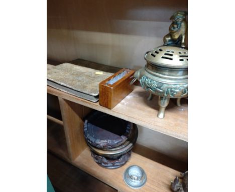 An incense burner, oil lamp, five Chinese wooden bases, a miniature chess set, and a photo album (contains old b&amp;w photos