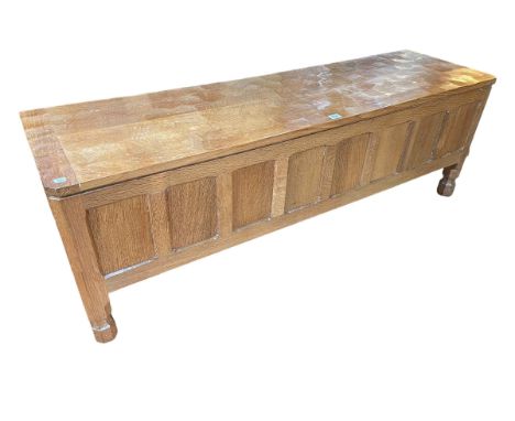 Robert Thompson of Kilburn 'Mouseman' oak adzed top blanket box, 46cm by 136.5cm by 39cm.