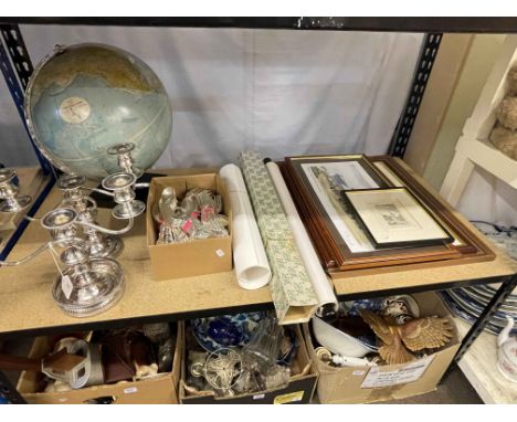 Signed Middlesbrough football stadium print, Oriental scroll, globe, metalwares, etc.
