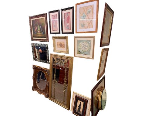 Collection of thirteen framed pictures including Flatford Mill watercolour, hunting prints, etc, and four various wall mirror