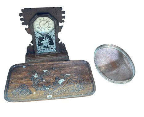 Antique Gingerbread mantel clock, Japanese tray and a silver plated serving tray.