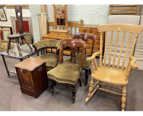 Beech farmhouse style rocking chair, Victorian tub chair and pair side chairs, sewing chair, contemporary glass topped lamp t
