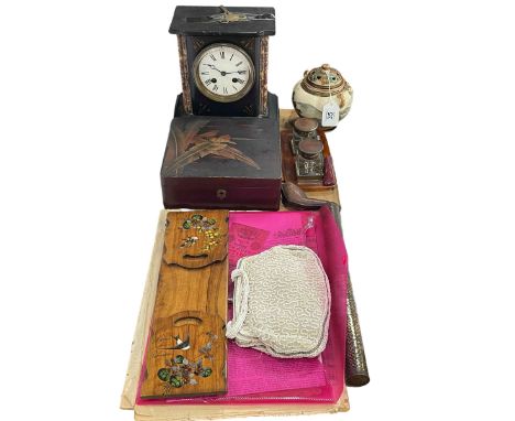 Papier maché box, slate mantel clock, Meerschaum pipe, ephemera, inkwell, etc.