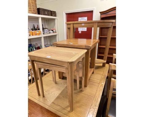 Light oak demi lune hall table, oak two tier lamp table and nest of two tables.