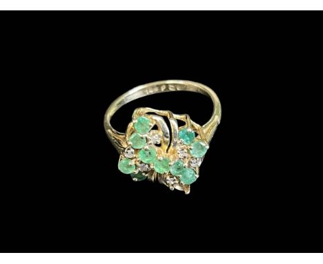Emerald and diamond cluster 14k gold ring, size M/N (missing one emerald).