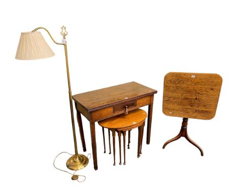 19th Century oak snap top occasional table on tripod base, 19th Century oak and mahogany fold top tea table, oval nest of thr