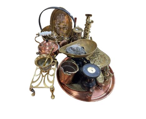Collection of metalwares including miners lamp, copper and brass mounted kettle, trivet, etc.