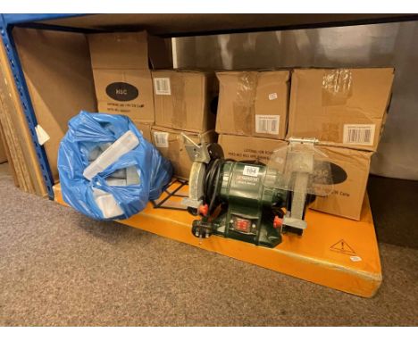 Parkside double grinder, wood splitter drill bits, 110v work lamps, etc.