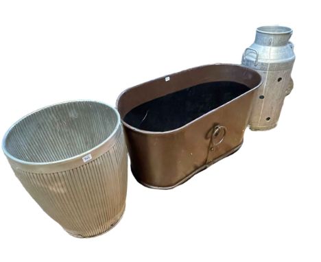 Vintage dolly tub, milk churn and painted metal horse trough (3).