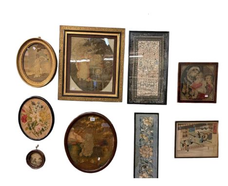 Collection of nine framed Georgian and later needleworks and silks, unframed sampler and other textiles.