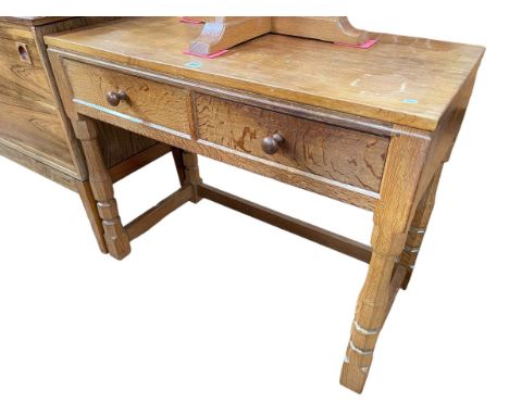 Robert Thompson of Kilburn 'Mouseman' oak adzed top two drawer hall table, 73cm by 91.5cm by 45cm.