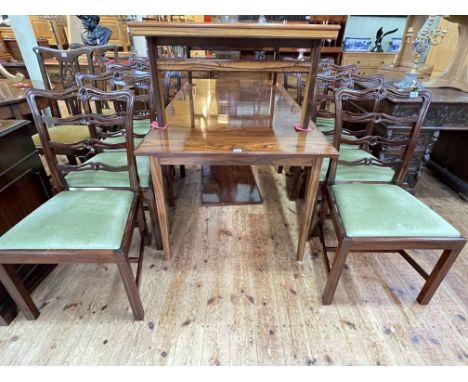 Mid Century rosewood sideboard, 76.5cm by 213.5cm by 46cm, matching rectangular extending dining table and leaf, 72cm by 84cm
