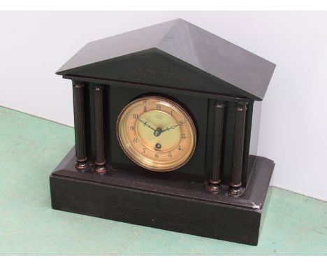 A slate mantel clock of architecural form, Arabic gilded dial signed Justic Olley, Norwich, key and pendulum, 29cm high