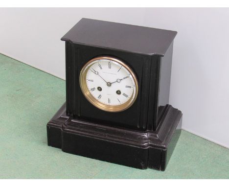 A Victorian slate mantel clock, Roman enamelled dial signed Aubert & Klaftenberger, Geneve, 8 day movement, key and pendulum,