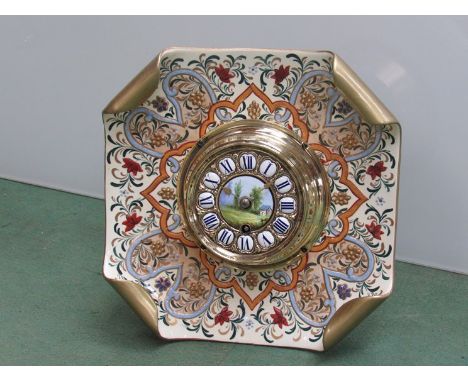 A late Victorian 8-day easel mantel clock with a two part dial, iner dial with hand painted scene and porcelain Roman cartouc