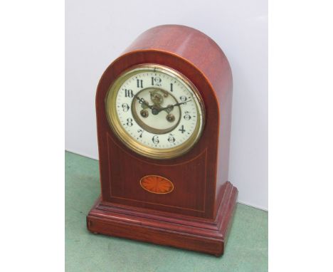 An Edwardian mahogany and satinwood inlaid dome top mantel clock with Arabic enamelled chapter ring, visible escapement and F