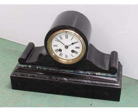 A Victorian slate and marble mantel clock of scrolled and drum form, Roman enamelled dial, 8 day movement, key and pendulum, 