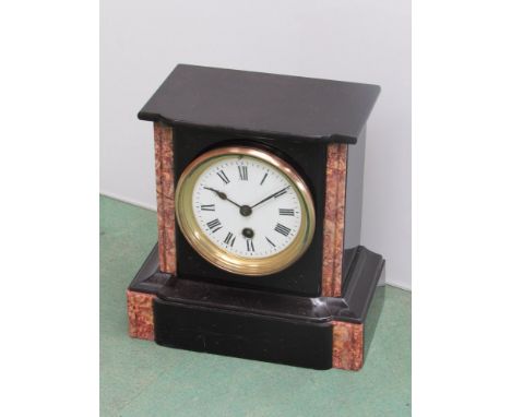 A Victorian slate and marble mantel clock with Roman enamelled dial, key and pendulum, 20cm high