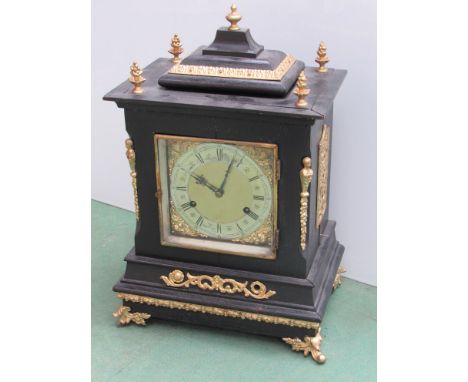 A New Haven Clock Co. USA bracket clock with Wilcock patent chime mechanism, ebonised case with ormulu mounts, silvered Roman