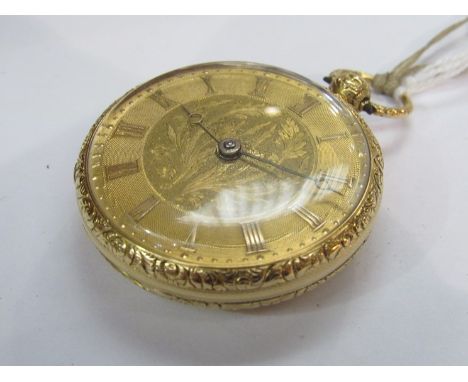 An 18ct gold W. Coxhead Reading No. 5849 pocket watch with ornately engraved case, gold engine turned and engraved face, Roma