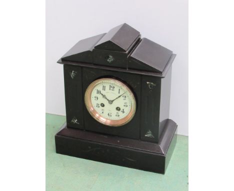 A Victorian black slate mantel clock of architectural form, Arabic enamelled dial signed James Smith, Paris, 8 day movement, 