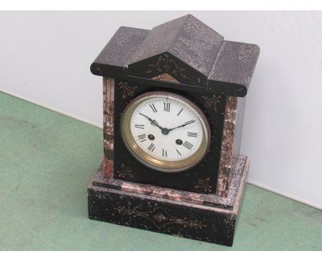 A Victorian marble mantel clock, Roman enamelled dial and key, 27cm high