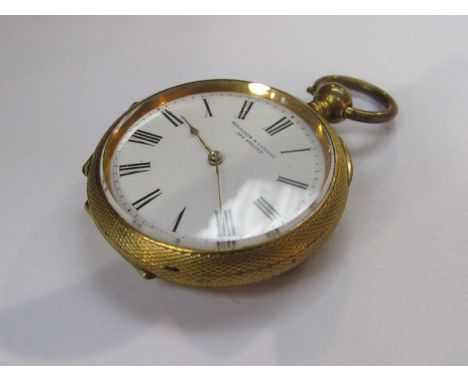 A Millikin & Lawley 168 Strand gold plated pocket watch with engine turned decorated case, white enamel face with Roman numer