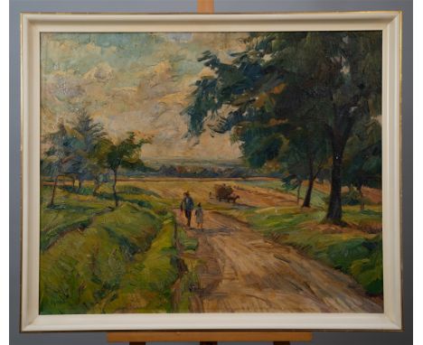 Goebel, Hermann1885 Dormagen - 1945 Dobel, Öl auf Leinwand, Feldweg mit Personen und Bäumen am Wegesrand, links unten signier