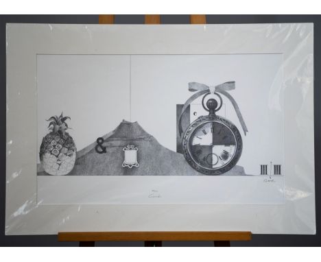 Offsetlithographie um 1960, von Henry Garde, 1923 Bremen - 1977 Wildeshausen, "Chronometer, Vulkan und Frucht", Mitbegründer 