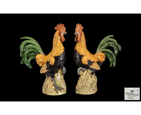 Wedgwood Pair of Large Handpainted Ceramic Cockerel Figures. Only limited number of figures produced. Wedgwood stamp to bases
