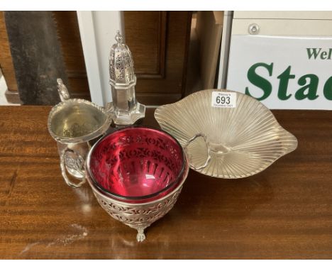 A modern design WMF dish together with a silver plated and cranberry lined sugar bowl, Silver plated sugar caster and a silve