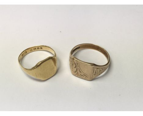 Two gold signet rings, one marked 18ct. Altogether approximately weighing 9.8g.