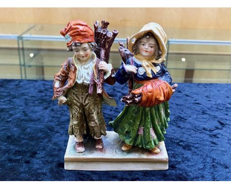 Sitzendorf 19th Century Fine Hand Painted Figure Depicting a Pair of Young Children ( Wood Gatherers ) Raised on a Plinth. Si