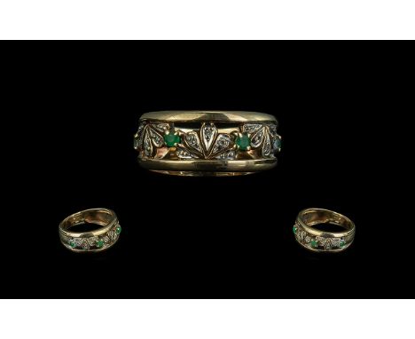 Ladies Attractive 9ct Gold Emerald &amp; Diamond Set Band Ring, floral design.  Full hallmark to shank.  Ring size K-L.  Weig