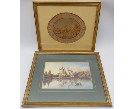 Victorian oval cork picture depicting Windsor Castle within an embossed paper surround, 29cm x 24cm together with an early 20