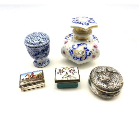 A French porcelain scent bottle of hexagonal form, 18th century enamel patch box, the lid decorated with floral sprays, silve