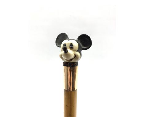 19th/ early 20th century Malacca walking cane, 9ct rose gold collar with a carved ivory and ebony finial in the form of Micke