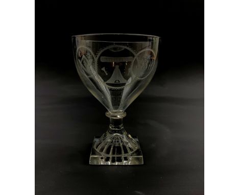 Georgian ovoid bowl rummer, circa 1800, wheel engraved with Masonic symbols on lemon squeezer base, H14cm - Condition Report 