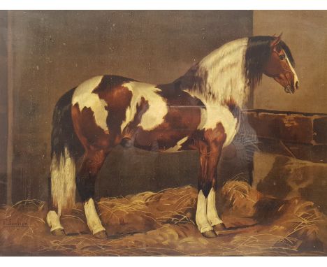 E Janssen (Early 20th century): Horse in Stable, colour lithograph 38cm x 50cm - Condition Report 