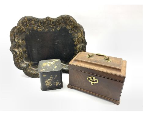 19th century mahogany tea caddy fitted with three metal containers on bracket feet W23cm, Victorian papier mache caddy decora