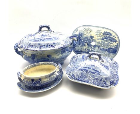 19th century Spode Castle pattern two-handled soup tureen and cover with matching Willow pattern ladle, L34cm oval drainer an