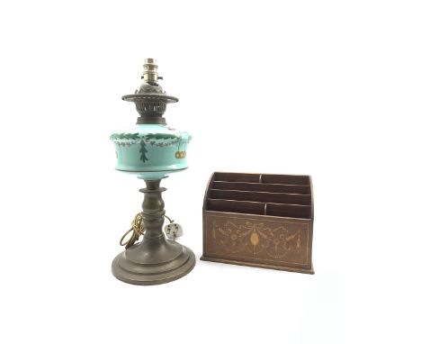 Edwardian mahogany inlaid letter rack together with a Victorian brass oil lamp with blue milk glass reservoir, H45cm - Condit