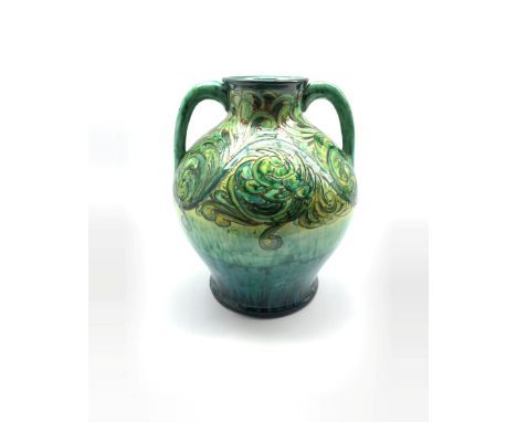 Arts &amp; Crafts Della Robbia (1897-1906) vase of twin-handled baluster form, low-relief, incised and painted decoration dep