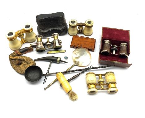 Three pairs of 19th/ early 20th century turned ivory binoculars, one with leather case, a pair of mother-of-pearl opera glass