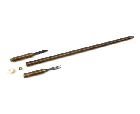 20th century walking cane, the upper two sections unscrewing to form an 19th century steel knife and fork set and the 19th ce