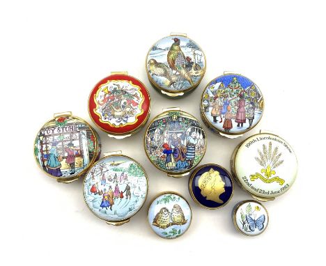 Collection of ten Crummles enamel pill boxes to include Year boxes 1989, 1991, 1993, 1994 and 1996, 'Pheasant', 100th Lincoln